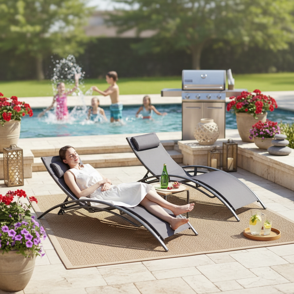 Folding S-Shaped Sun Lounger — Stackable Textilene Chaise Recliner