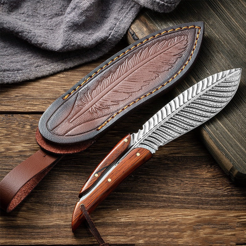 Feather Knife with Hand Engraved Leather Sheath