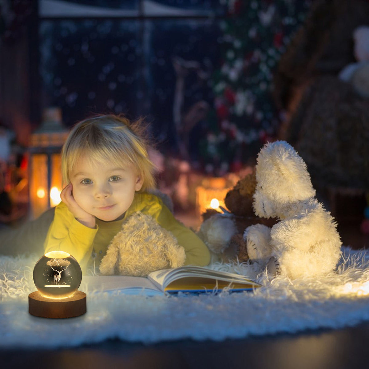 3D Crystal Ball LED Night Light with Wooden Base