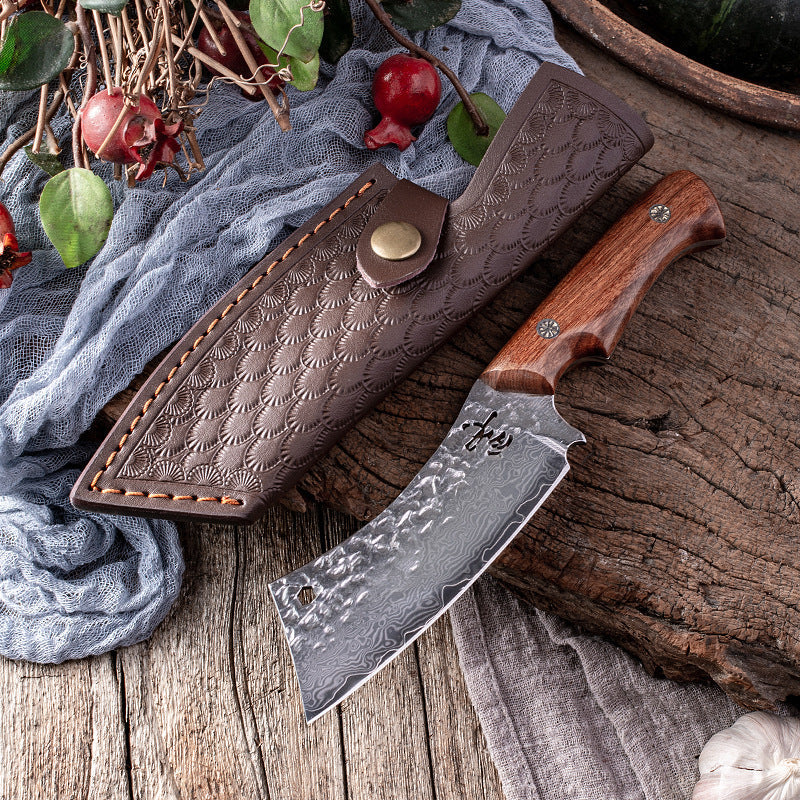 Damascus Steel Steak Knife with Handmade Wood Handle and Sheath