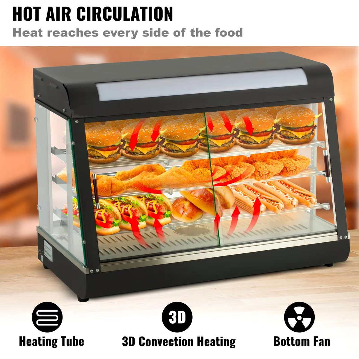 Commercial Stainless Steel Heated Food Display Showcase — 3-Tier