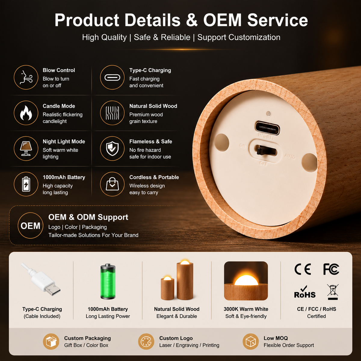 Rechargeable Wooden Flameless LED Candle Lamp — Warm White
