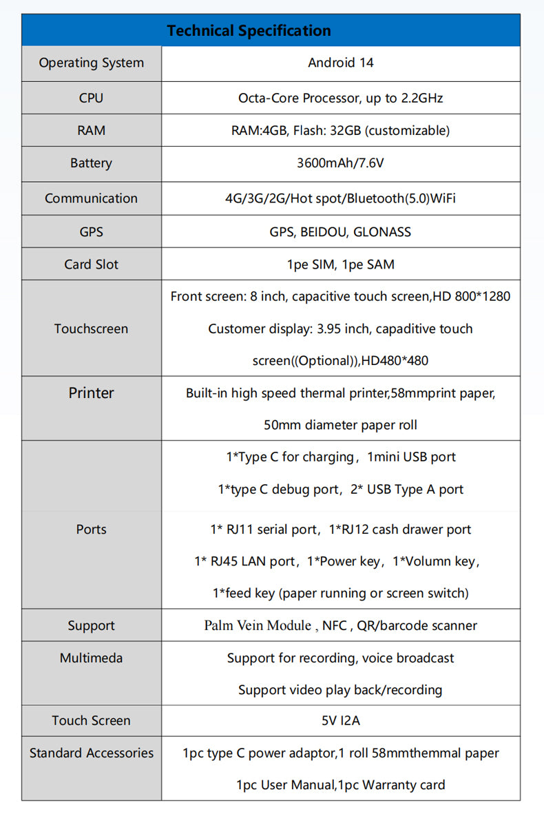 All-in-One Handheld POS Terminal with Palm Vein Payment