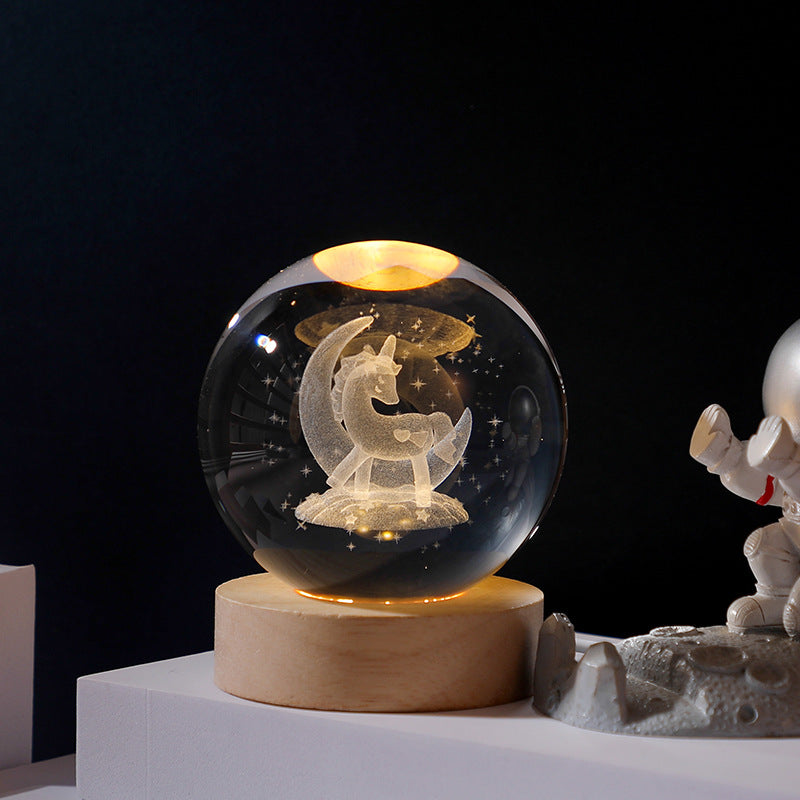 3D Crystal Ball LED Night Light with Wooden Base