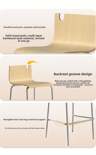 Modern Bar Stool with Bag Holder — Metal Frame, Wood Backrest