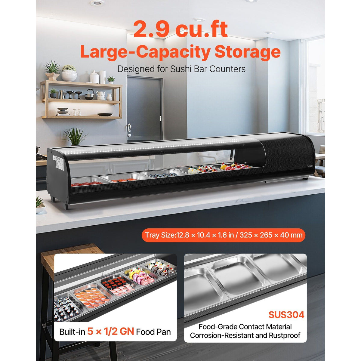 Commercial Countertop Sushi Display Case — 5-Pan, Curved Glass