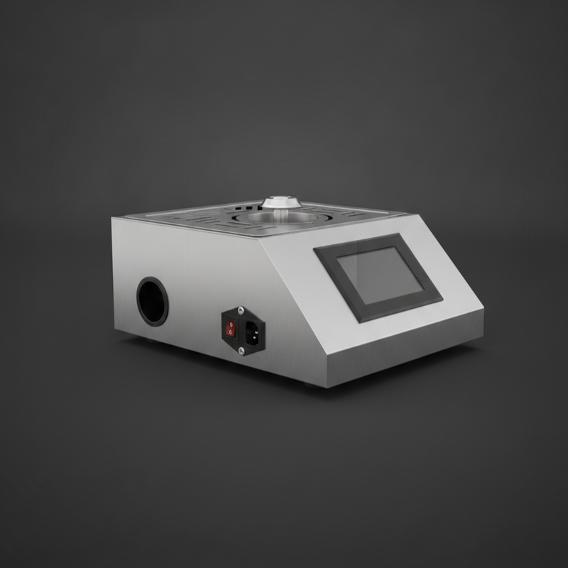 One-tap bottoms-up beer dispenser on a gray studio background, single magnetic pad and one control screen