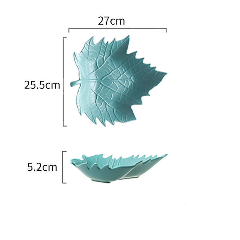 Teal maple leaf ceramic plate with jagged edge, top and side views showing 27cm width and 5.2cm depth