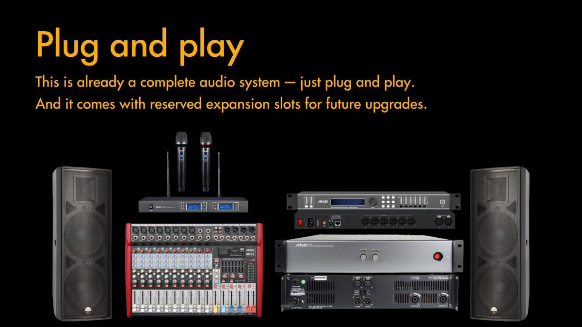 All-in-One 1200–2000W PA System — 15" Speakers, Amp, Mixer & Wireless Mic