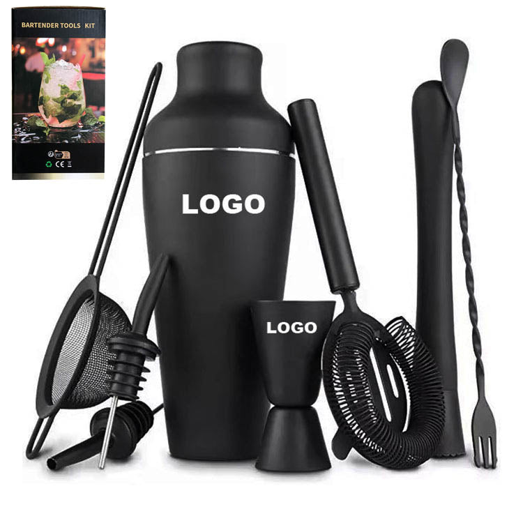 Matte Black Boston Cocktail Shaker Set — 8-Piece Bartender Kit