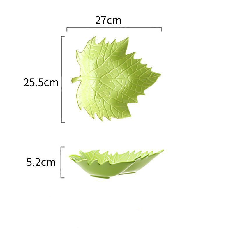 Green maple leaf ceramic plate with jagged edges, top and side views showing 27cm width dimensions