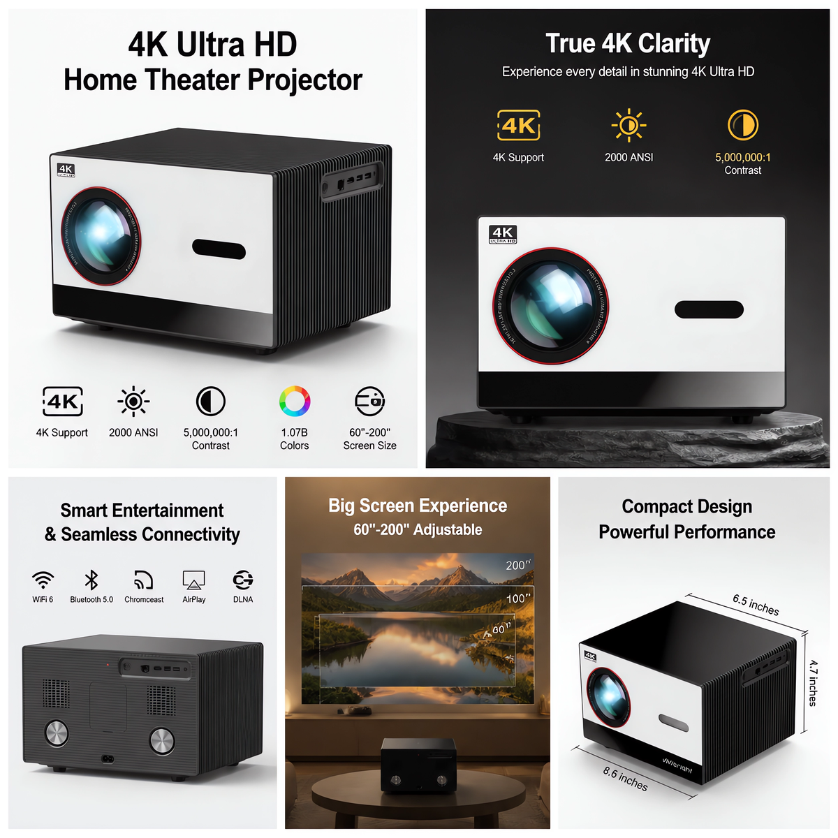 4K UHD LED Projector for Bars & Events — 60–200 inch