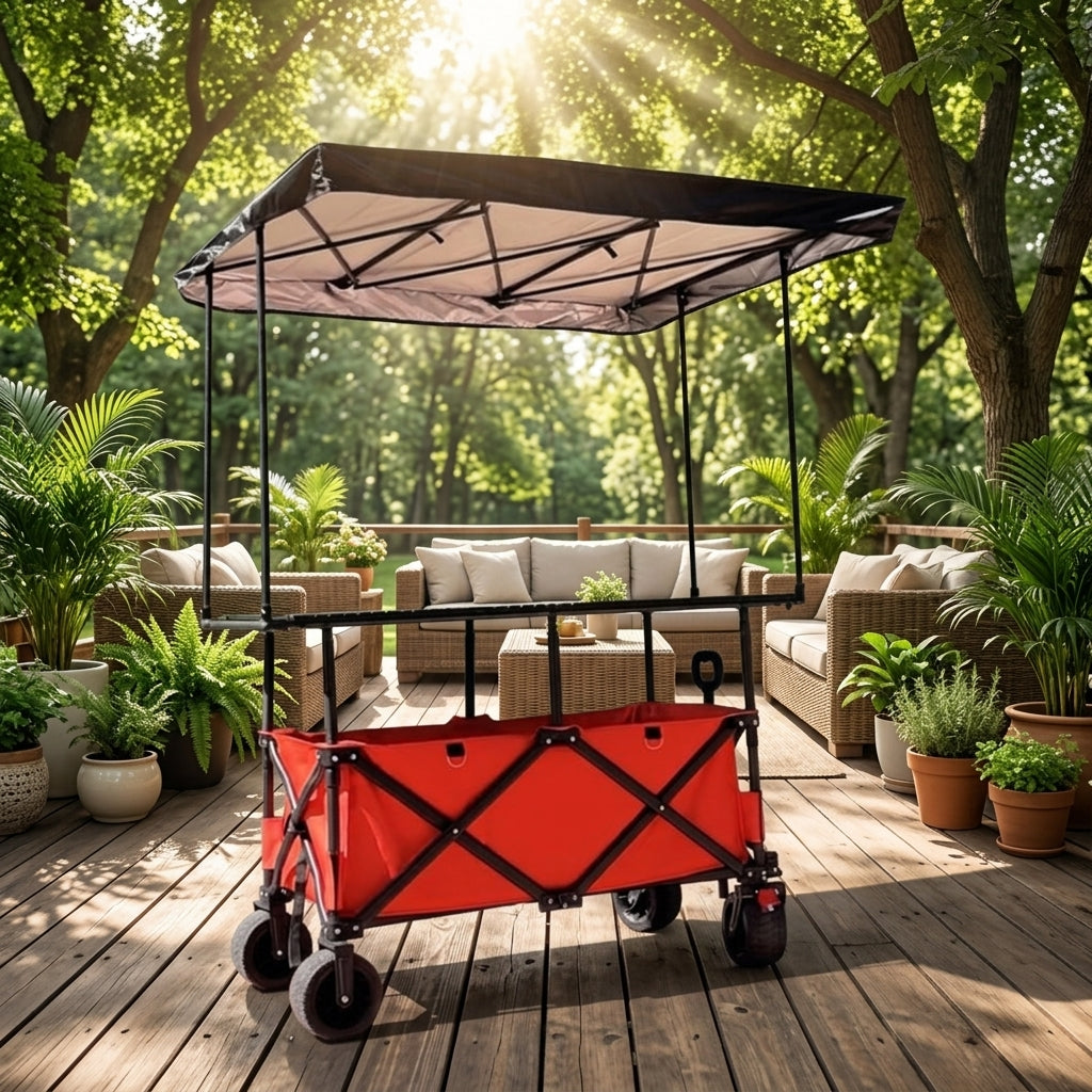 Folding Vending Cart with Adjustable Tabletop & Umbrella Canopy