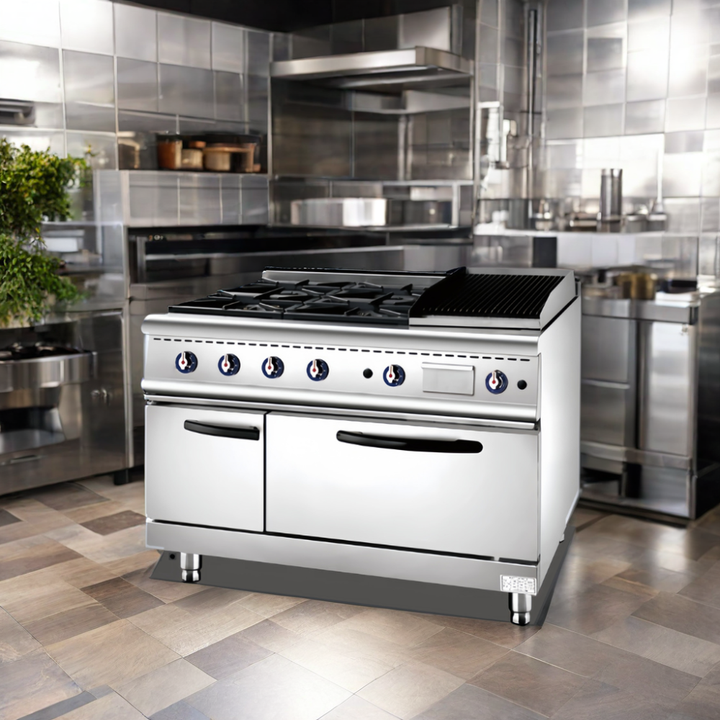 Professional 4-Burner Gas Stove with Lava Rock Grill & Gas Oven