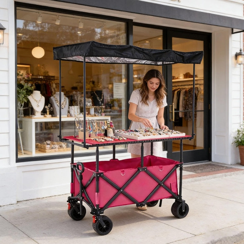 Folding Vending Cart with Adjustable Tabletop & Umbrella Canopy