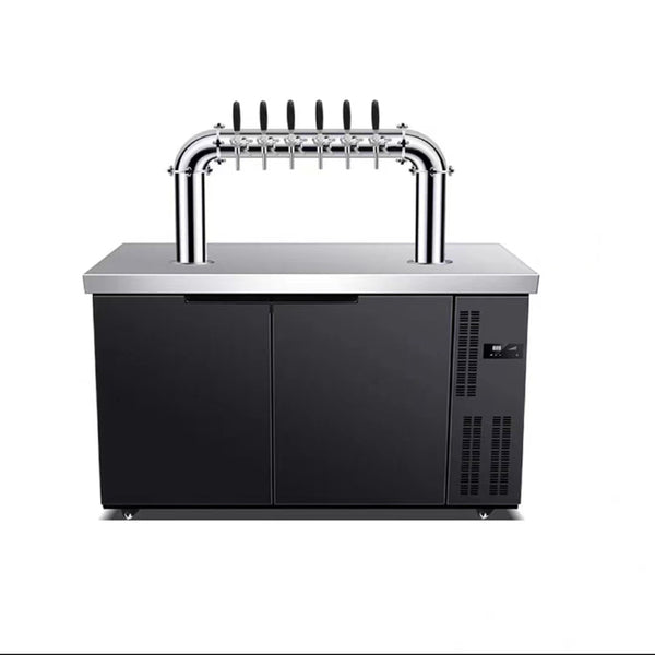 Commercial beer cooler with 6-tap gooseneck tower, stainless top and black two-door cabinet