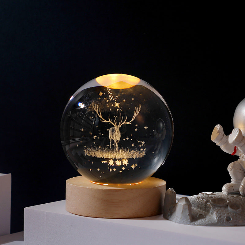 3D Crystal Ball LED Night Light with Wooden Base