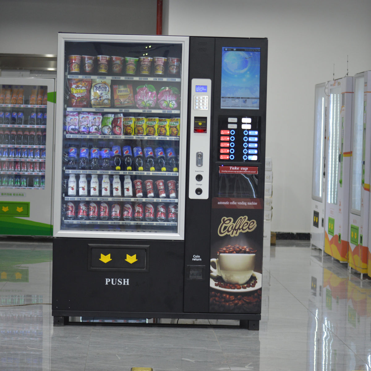 Máquina expendedora comercial de café y snacks — pantalla táctil de 22"