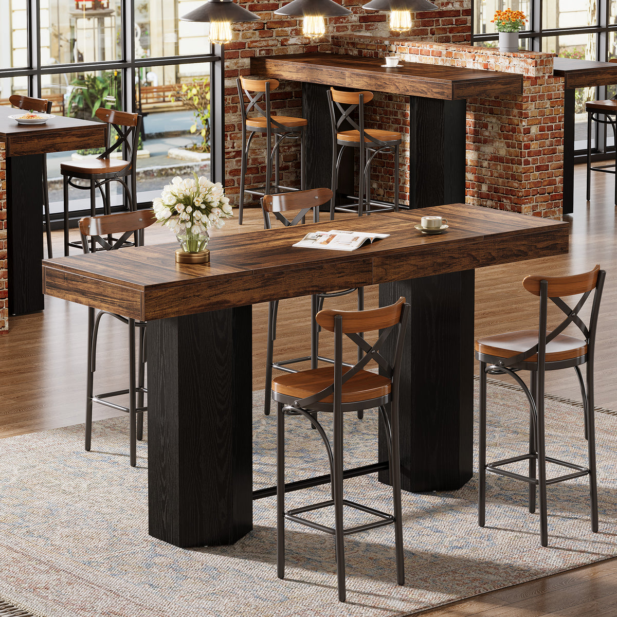 Counter-Height Rectangular Bar Table with Metal Footrest — 71" Long