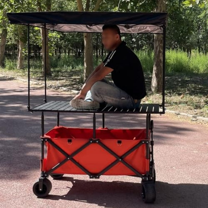Folding Vending Cart with Adjustable Tabletop & Umbrella Canopy
