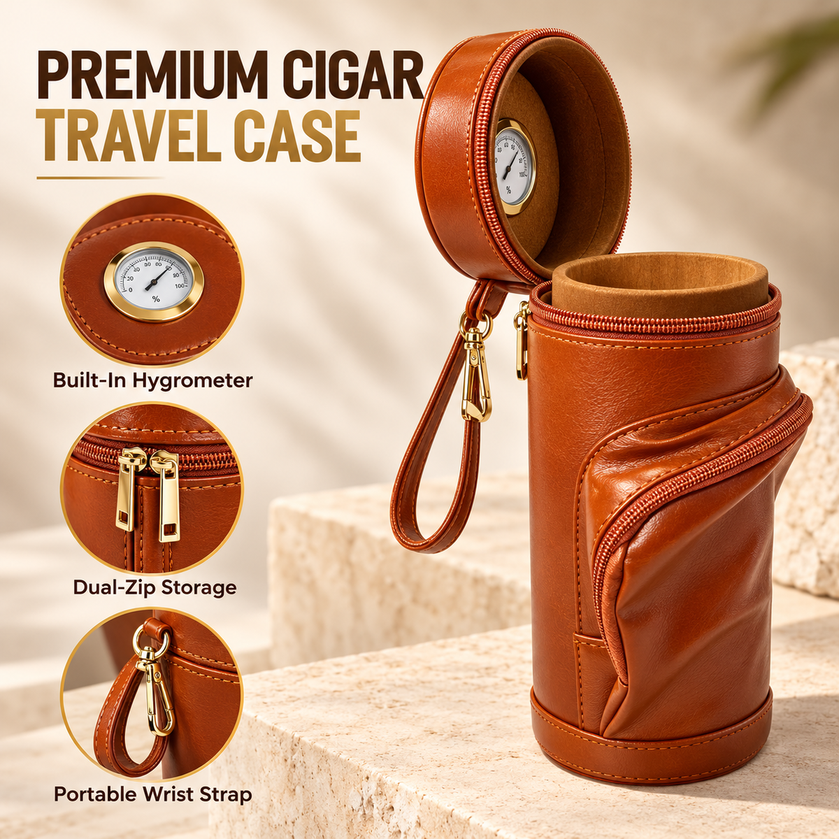 Étui à cigares de voyage en cuir avec hygromètre intégré