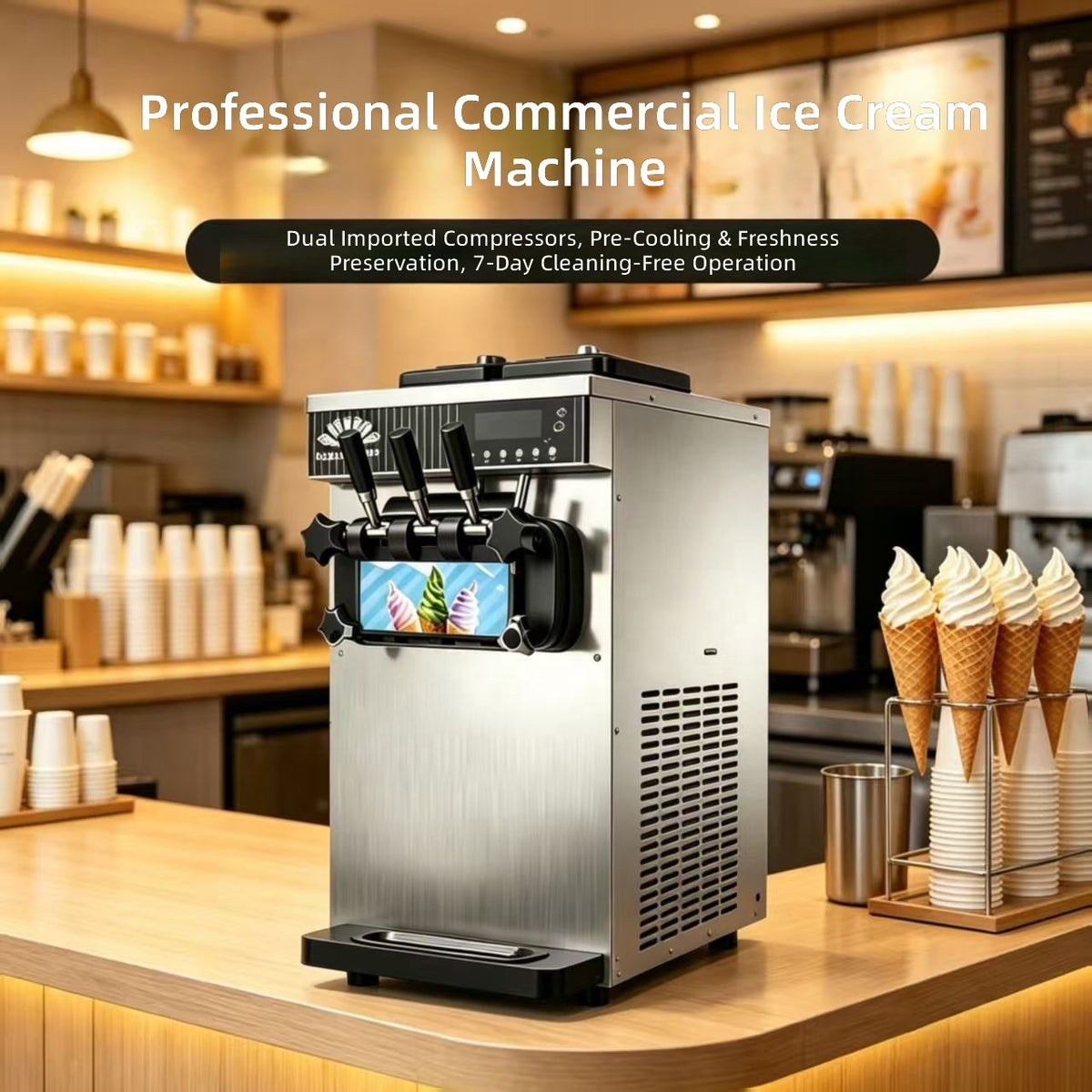Commercial Soft Serve Ice Cream Machine — 3 Flavors, Stainless Steel