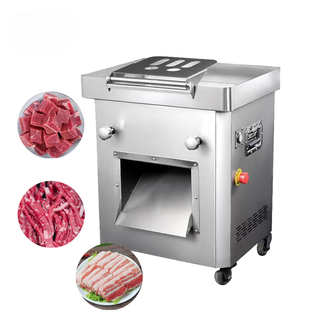 Commercial meat slicer with feed chute, shown alongside diced, shredded and sliced meat examples