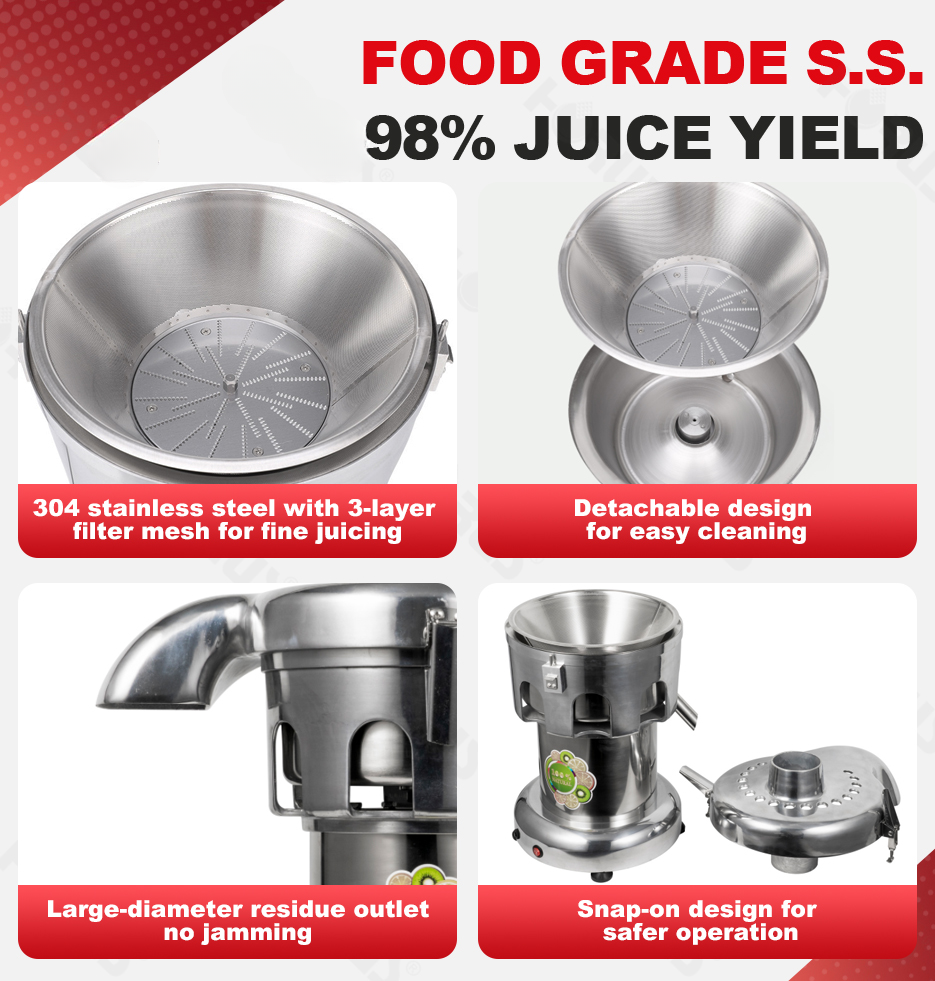 Four-panel graphic showing filter mesh, detachable bowl parts, residue outlet, and lid