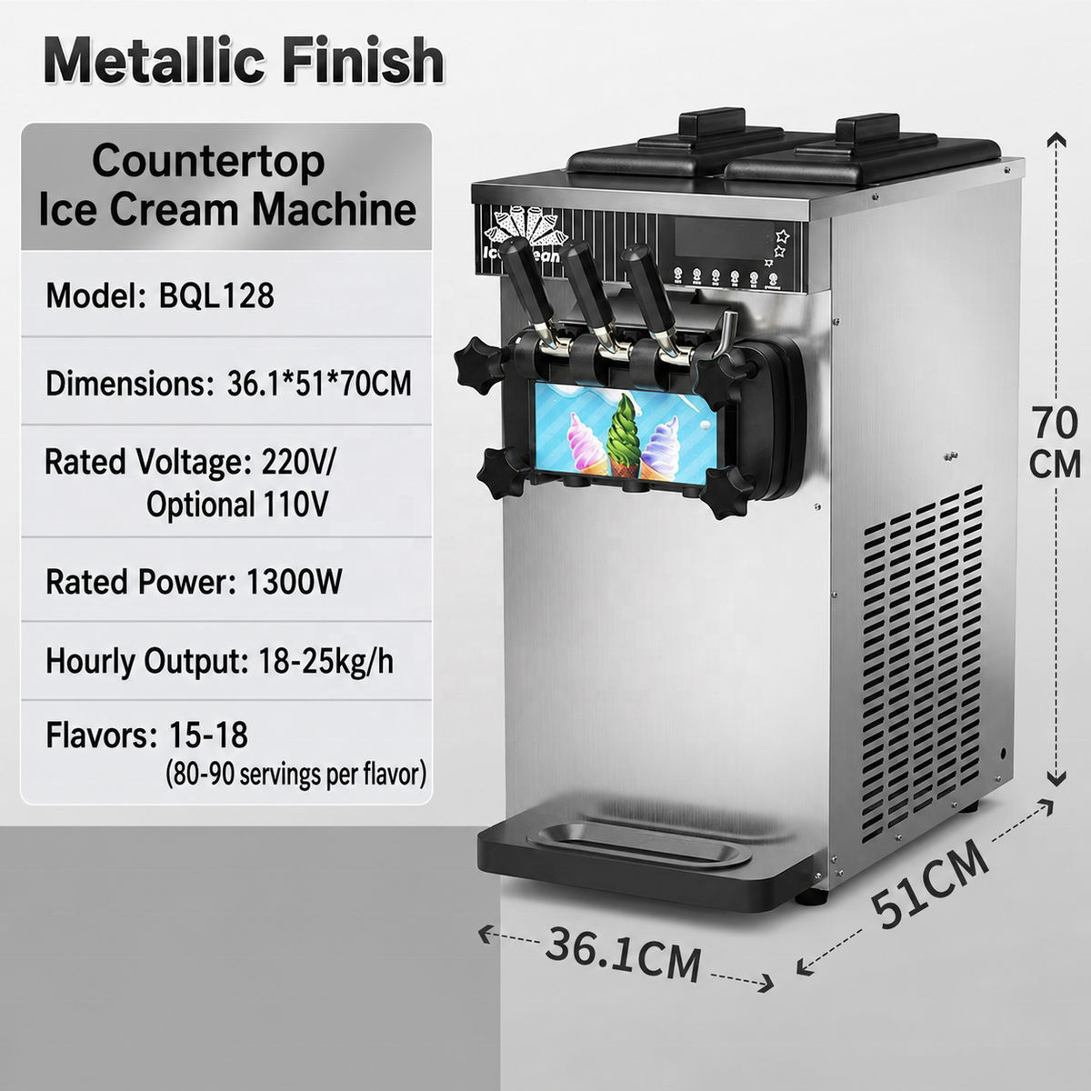 Commercial Soft Serve Ice Cream Machine — 3 Flavors, Stainless Steel