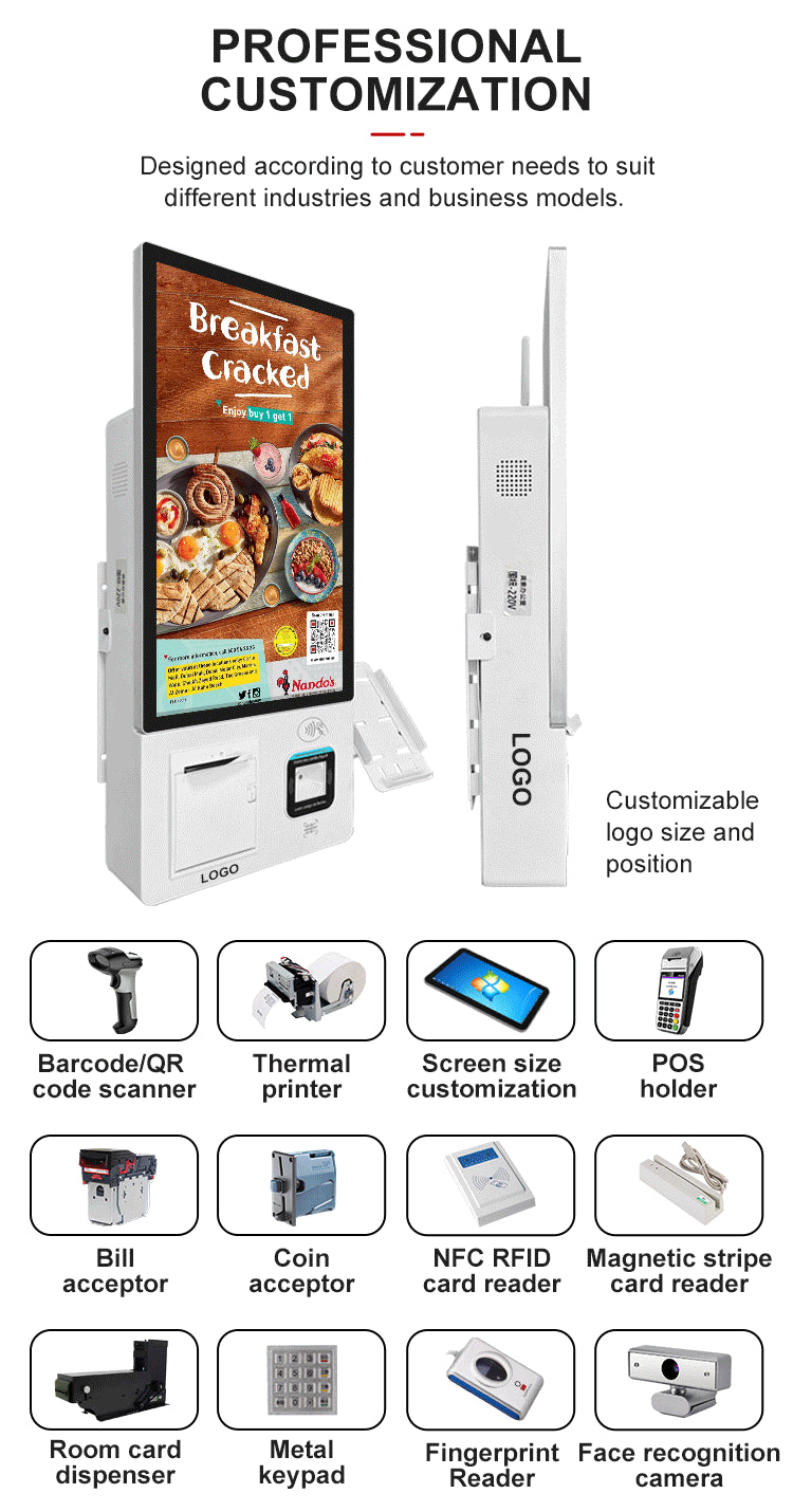 21.5" Wall-Mounted Self-Service Kiosk with Card Reader & Thermal Printer