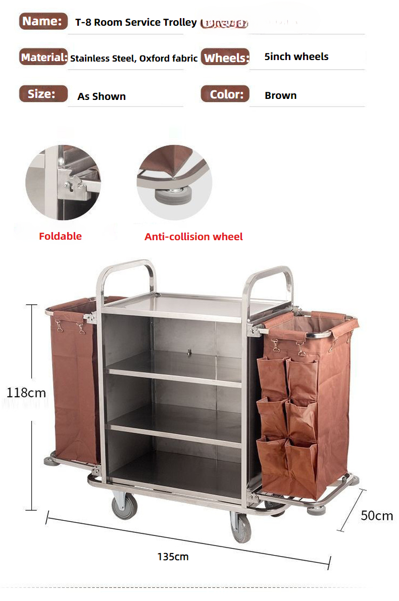 Housekeeping Cleaning Cart — Stainless Steel Maid Trolley