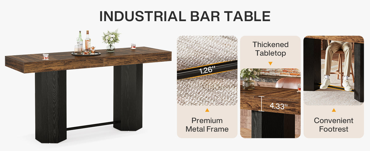 Counter-Height Rectangular Bar Table with Metal Footrest — 71" Long