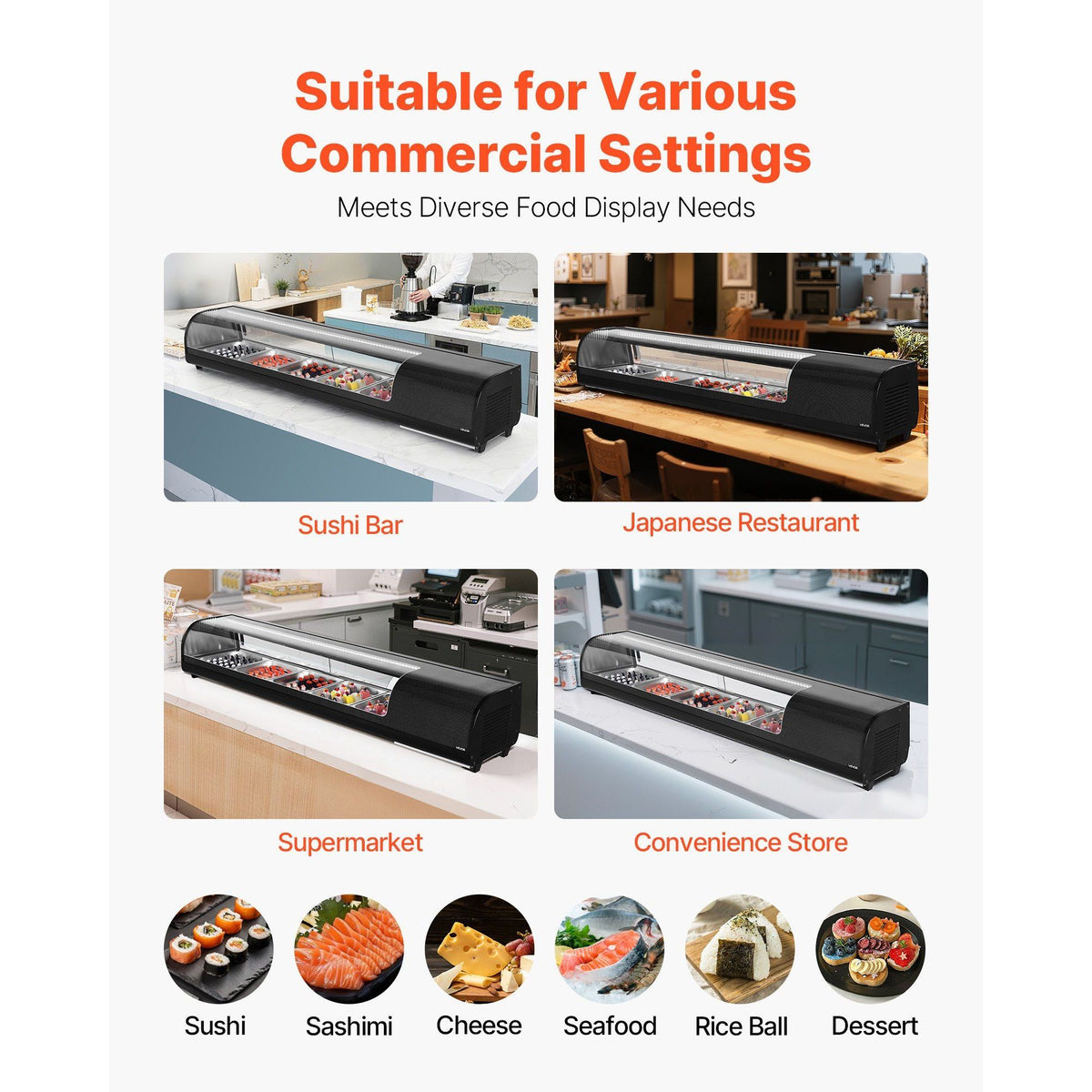 Commercial Countertop Sushi Display Case — 5-Pan, Curved Glass