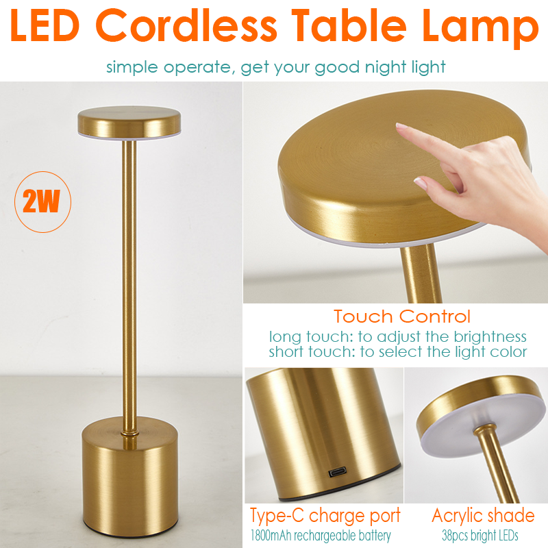 Cordless LED Table Lamp — Rechargeable Metal Dimmable