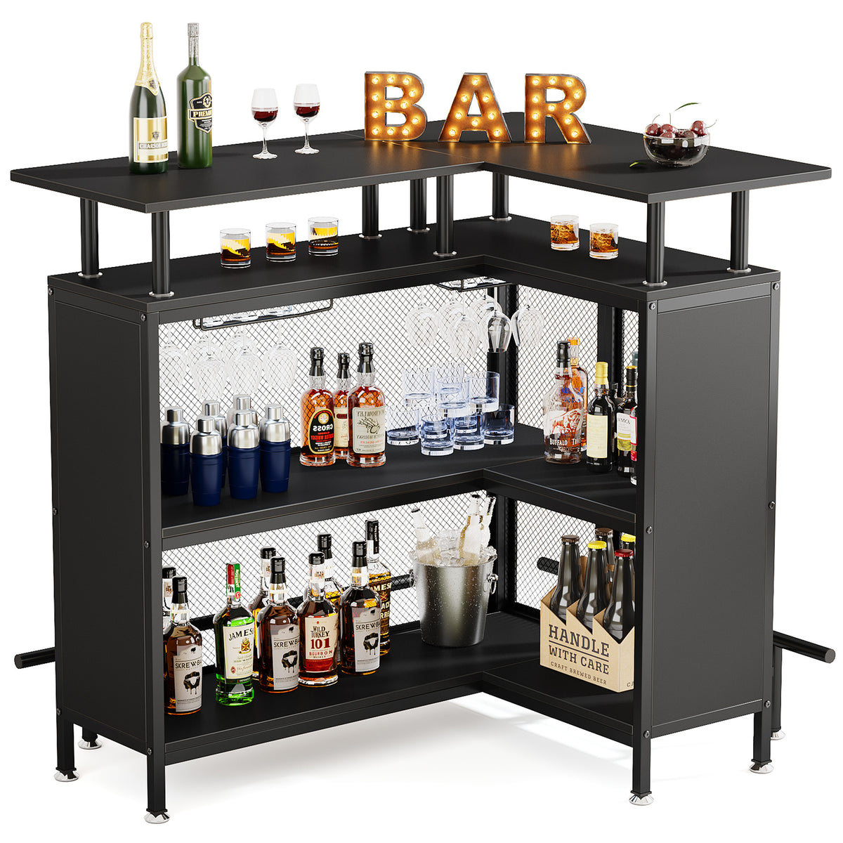 L-Shaped Corner Home Bar Cabinet with Storage & Stemware Racks