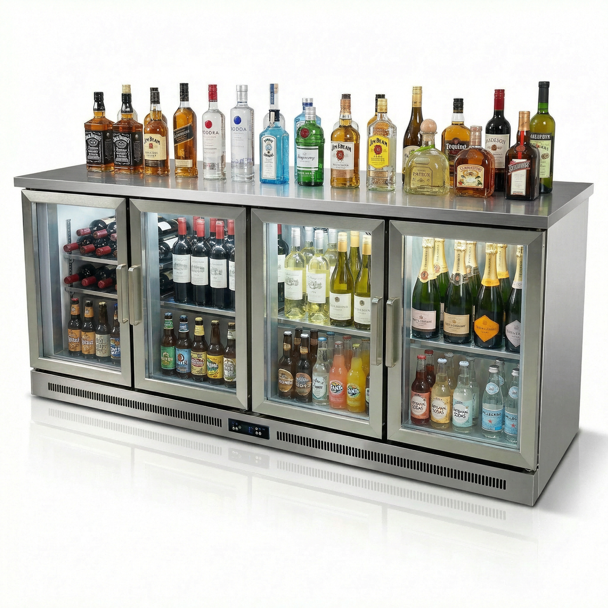 Commercial Under-Counter Glass-Door Refrigerator — Stainless Steel Worktop Chiller
