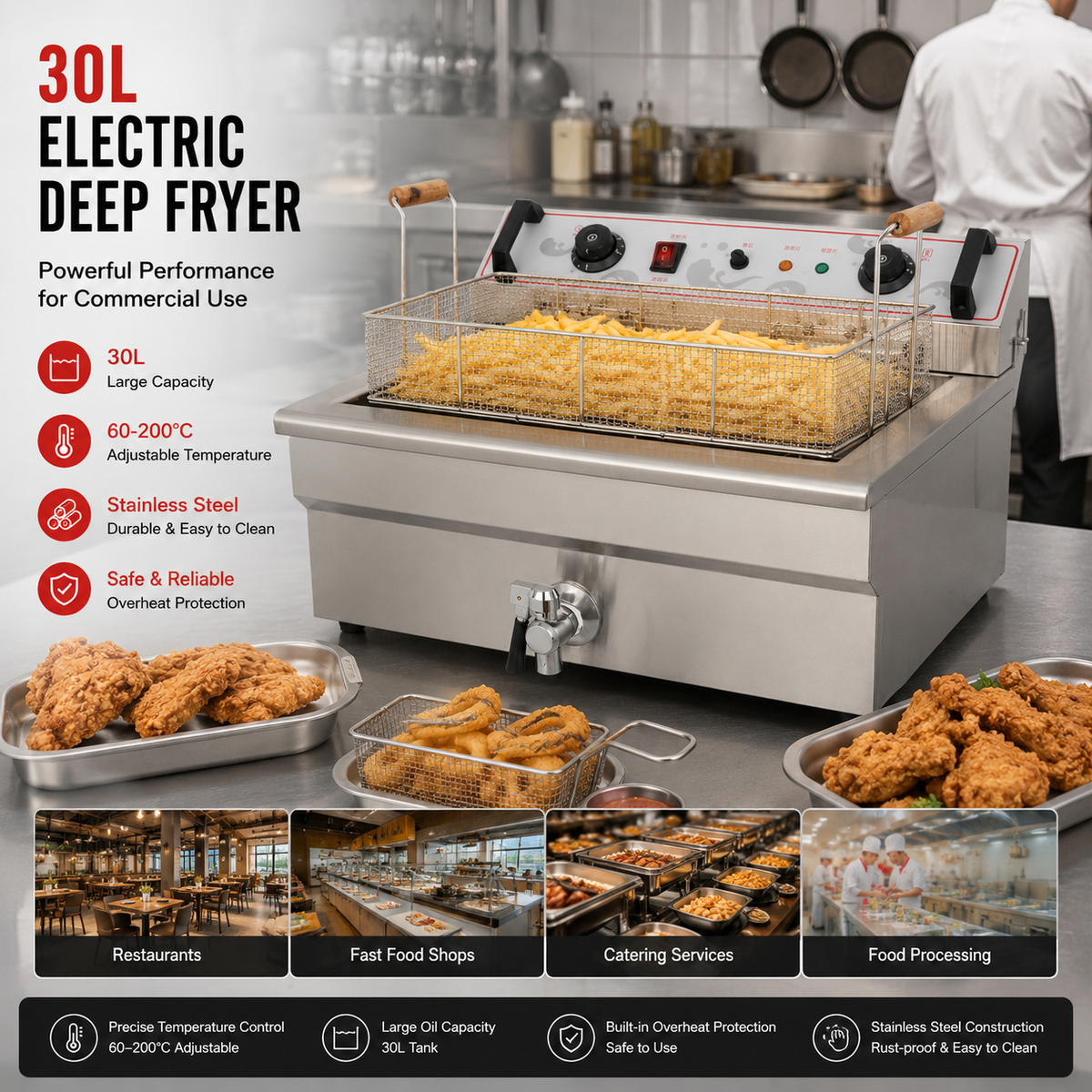 Commercial Electric Countertop Donut Fryer — 30L Single Tank
