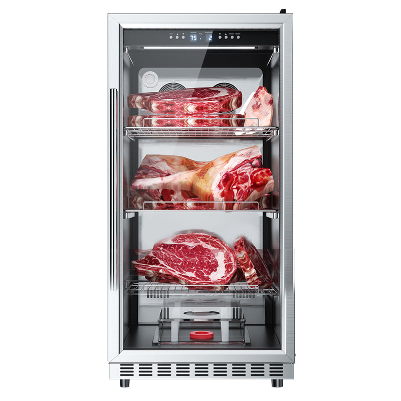 Straight-on front view of a tall dry aging cabinet with digital display, glass door, and four shelves of raw steaks, roasts,