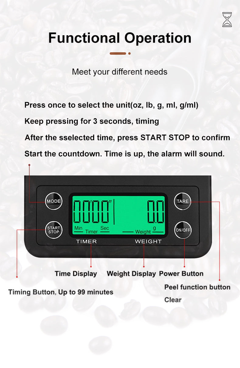 Digital Coffee Scale with Timer — 3 kg, 0.1 g