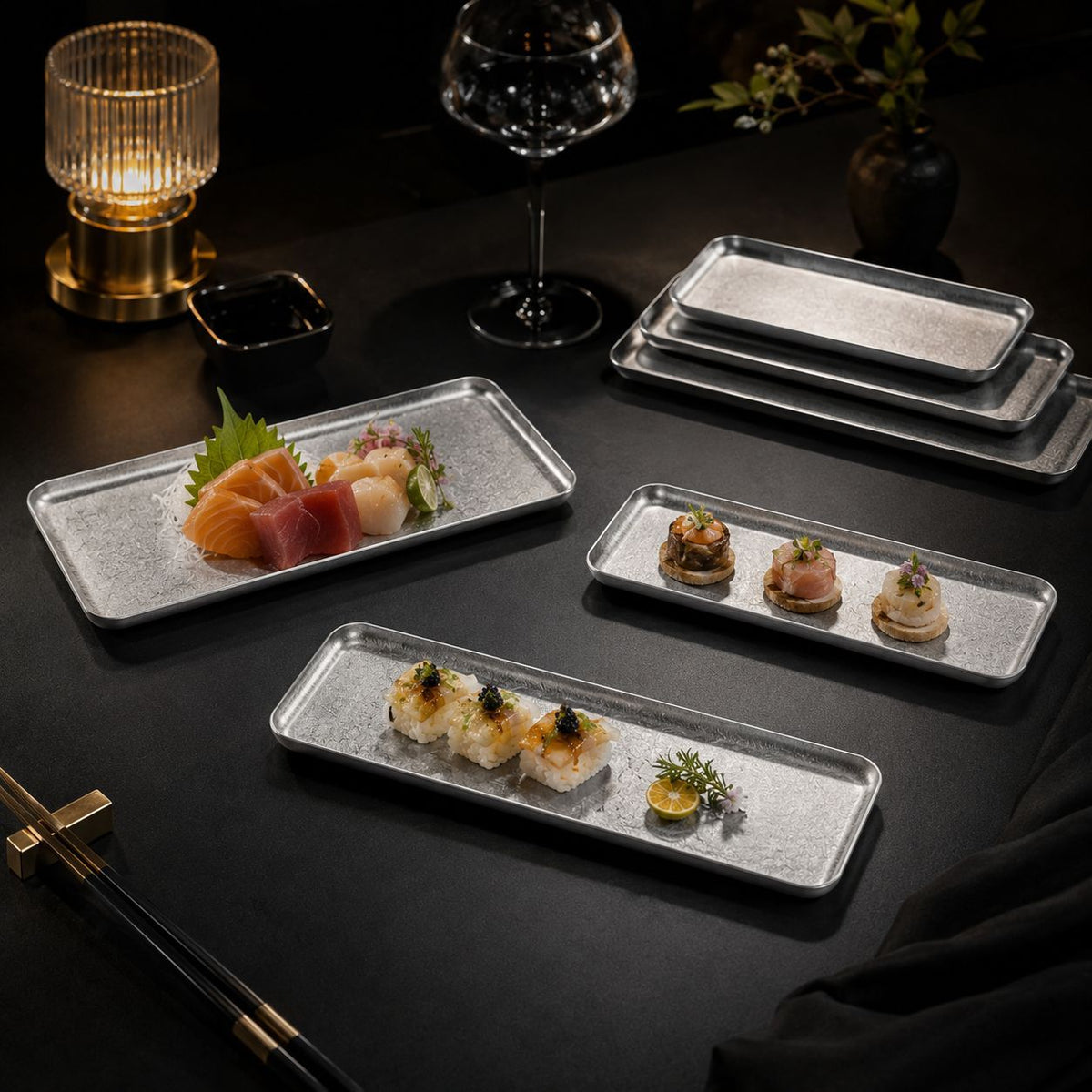 Brushed Stainless Steel Rectangular Serving Tray — Vintage Gold & Silver
