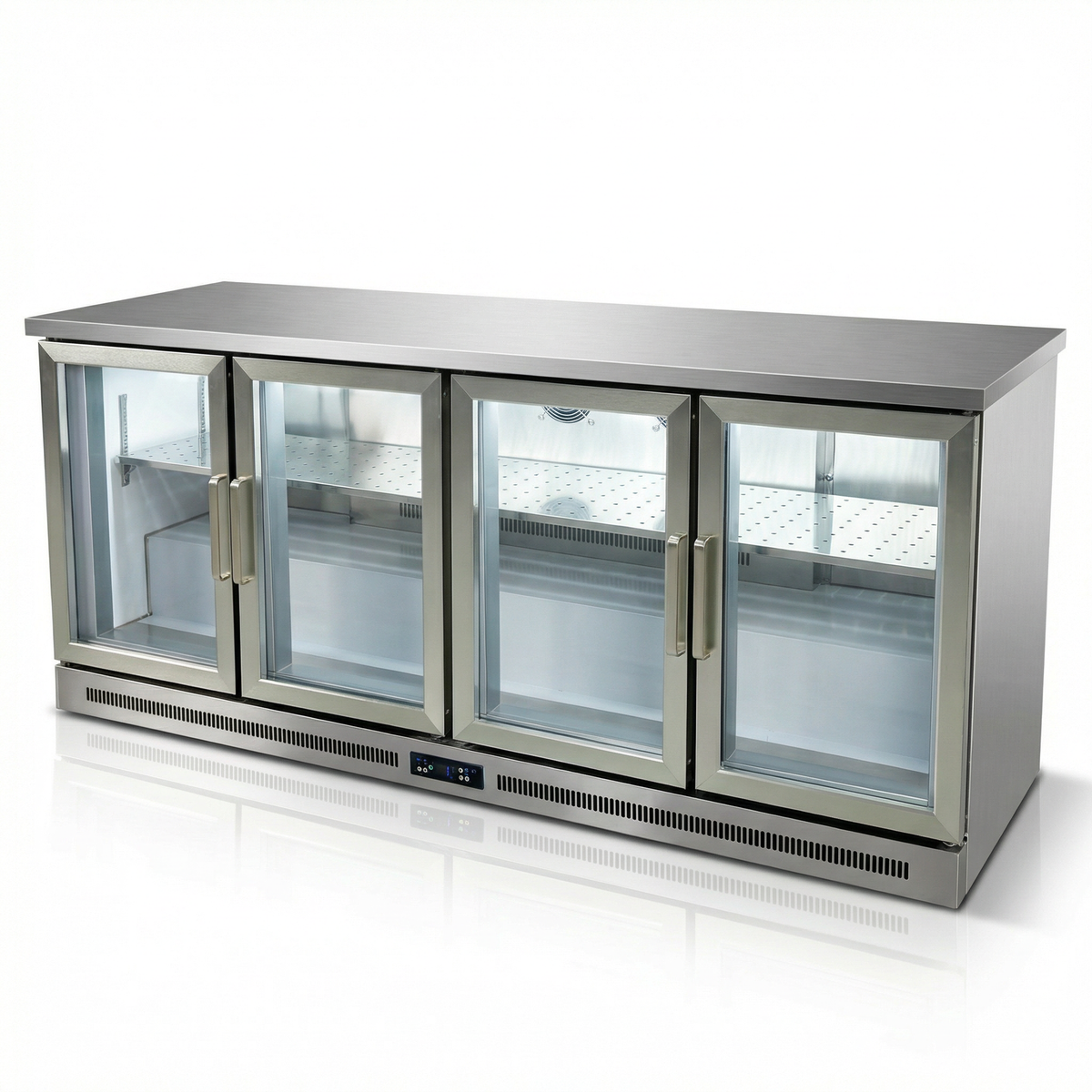 Commercial Under-Counter Glass-Door Refrigerator — Stainless Steel Worktop Chiller