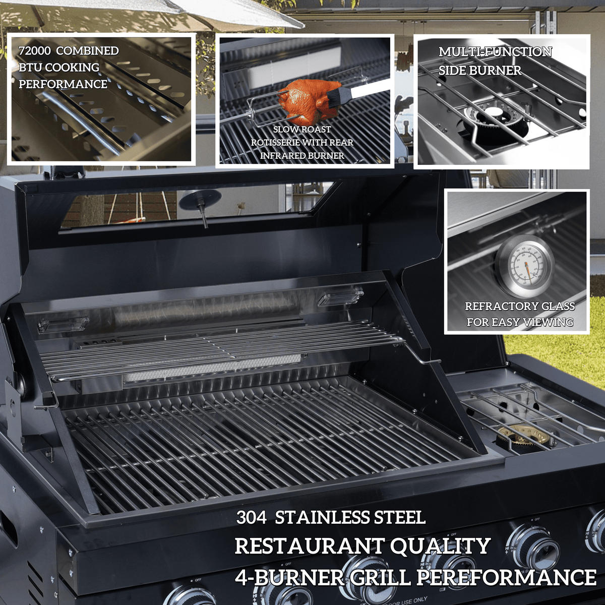 Outdoor Kitchen Cabinet Set with Weatherproof Shed — 4-Burner Gas Grill, 304 Stainless Steel