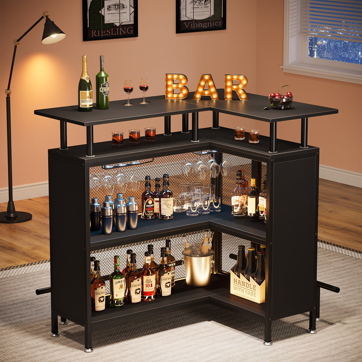 L-Shaped Corner Home Bar Cabinet with Storage & Stemware Racks