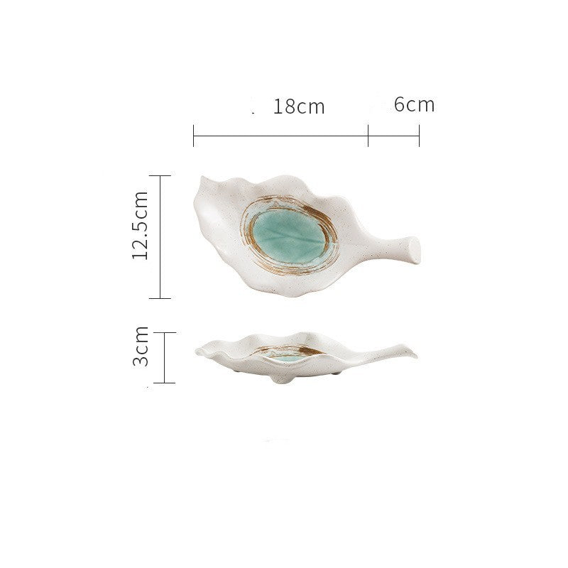 White and teal leaf-shaped ceramic plate shown from top and side view with size dimensions labeled