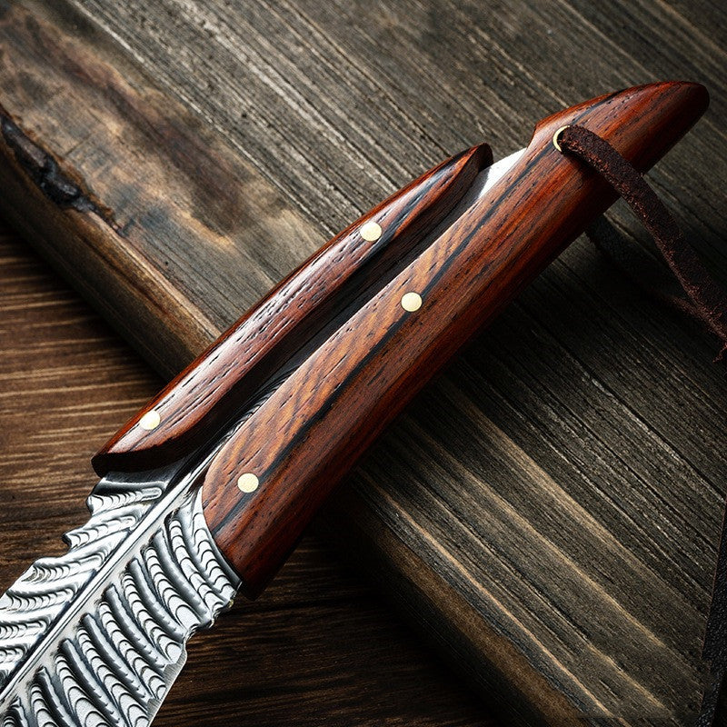 Feather Knife with Hand Engraved Leather Sheath