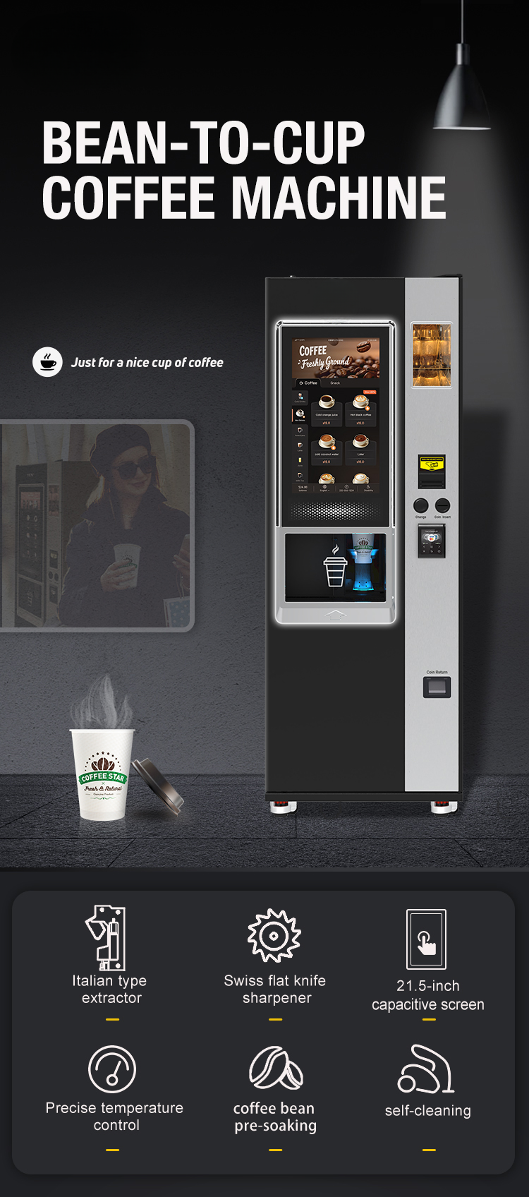 Commercial Coffee Vending Machine — 22" Touchscreen, 180–320 Cups