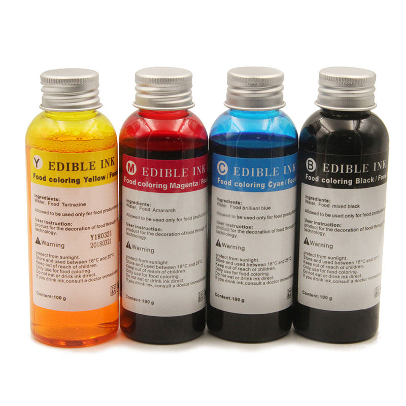 Set of CMYK edible ink bottles for the printer's continuous ink supply system