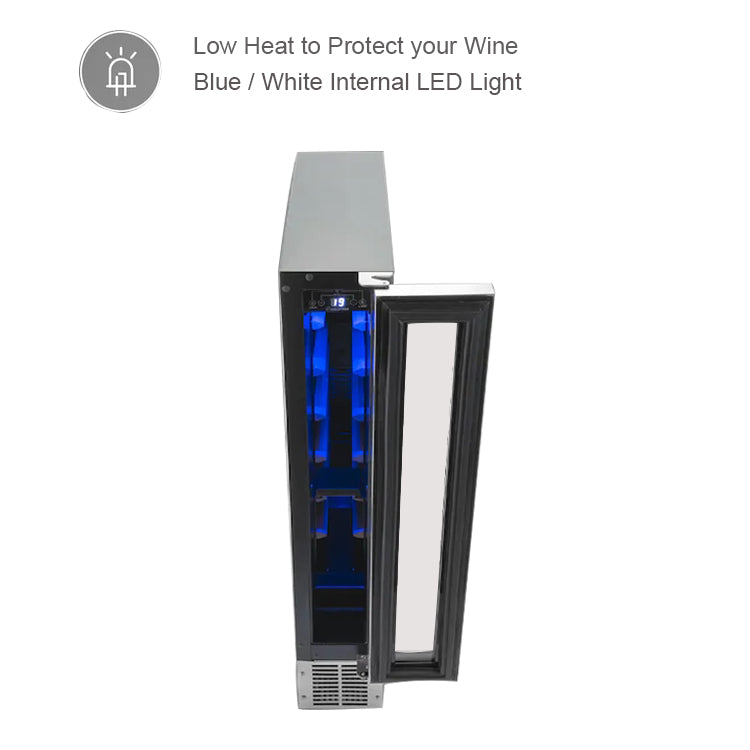Built-In Slim Wine Cooler — 9-Bottle Stainless Steel with Glass Door