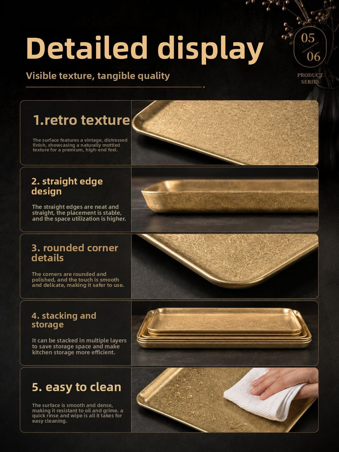 Brushed Stainless Steel Rectangular Serving Tray — Vintage Gold & Silver