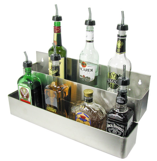 Two-tier stainless steel speed rail filled with liquor bottles including Bacardi, Jack Daniel's, and pour spouts